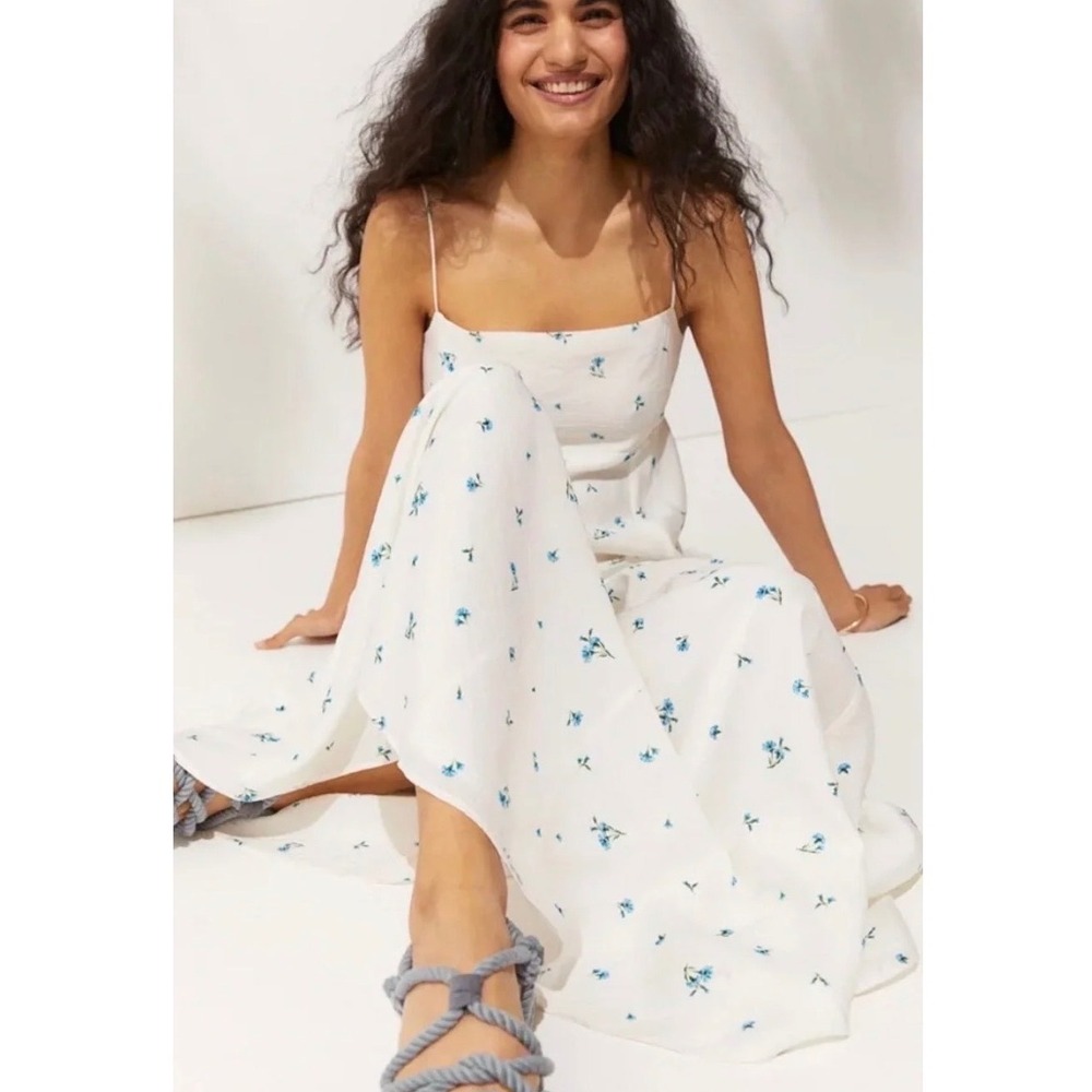 H&M‎ White Floral Dainty Blue Bud Maxi Dress XS Cottagecore Romantic Coastal